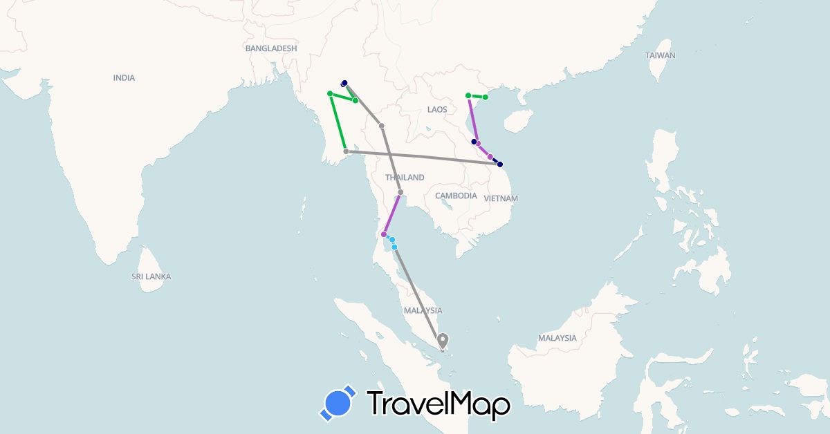 TravelMap itinerary: driving, bus, plane, train, boat in Myanmar (Burma), Singapore, Thailand, Vietnam (Asia)